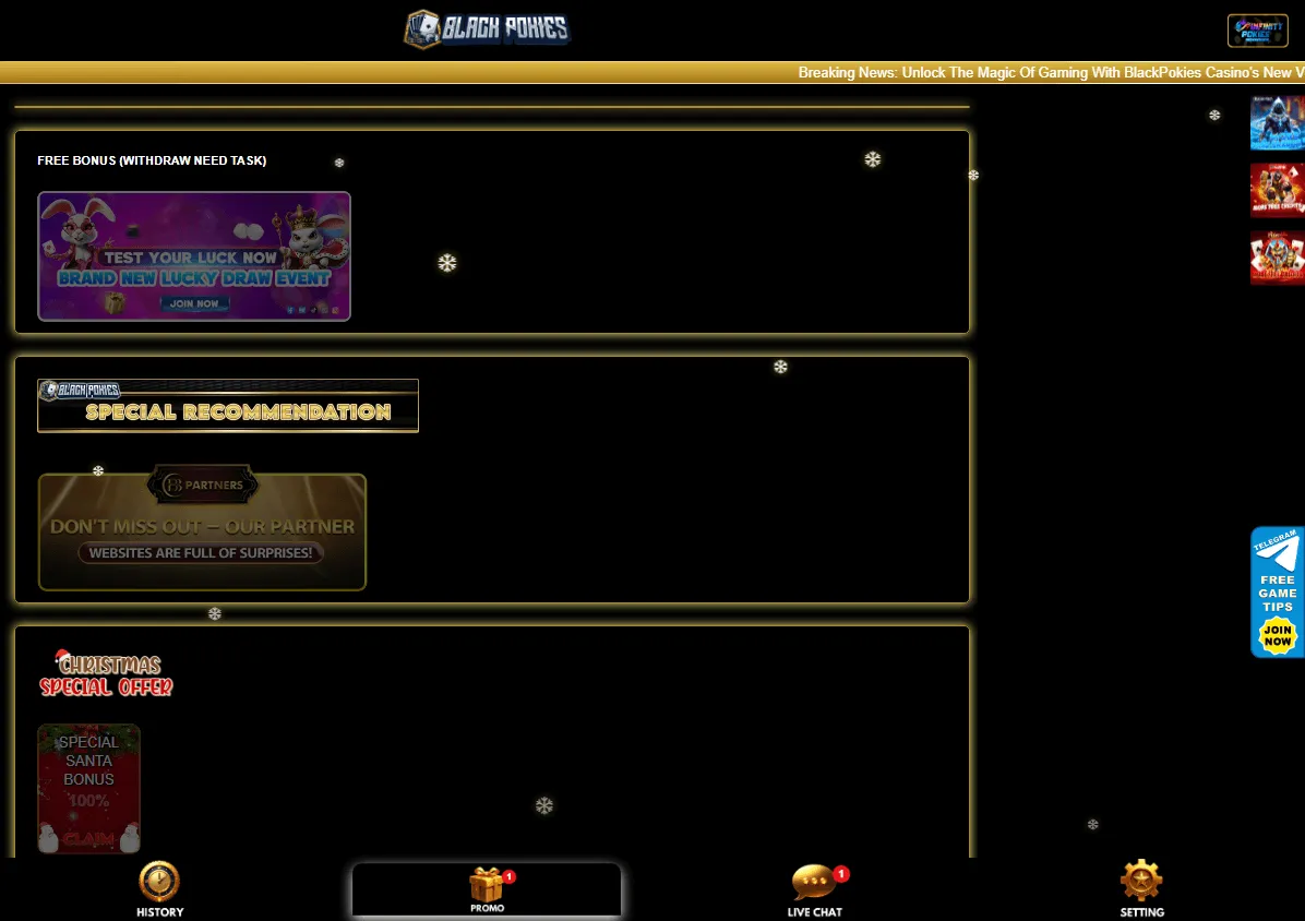 Blackpokies Casino promotions screen on desktop with welcome, VIP and lucky number offers