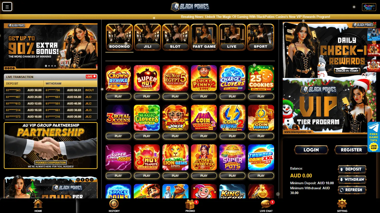 Blackpokies Casino home screen on desktop with casino offers and game access